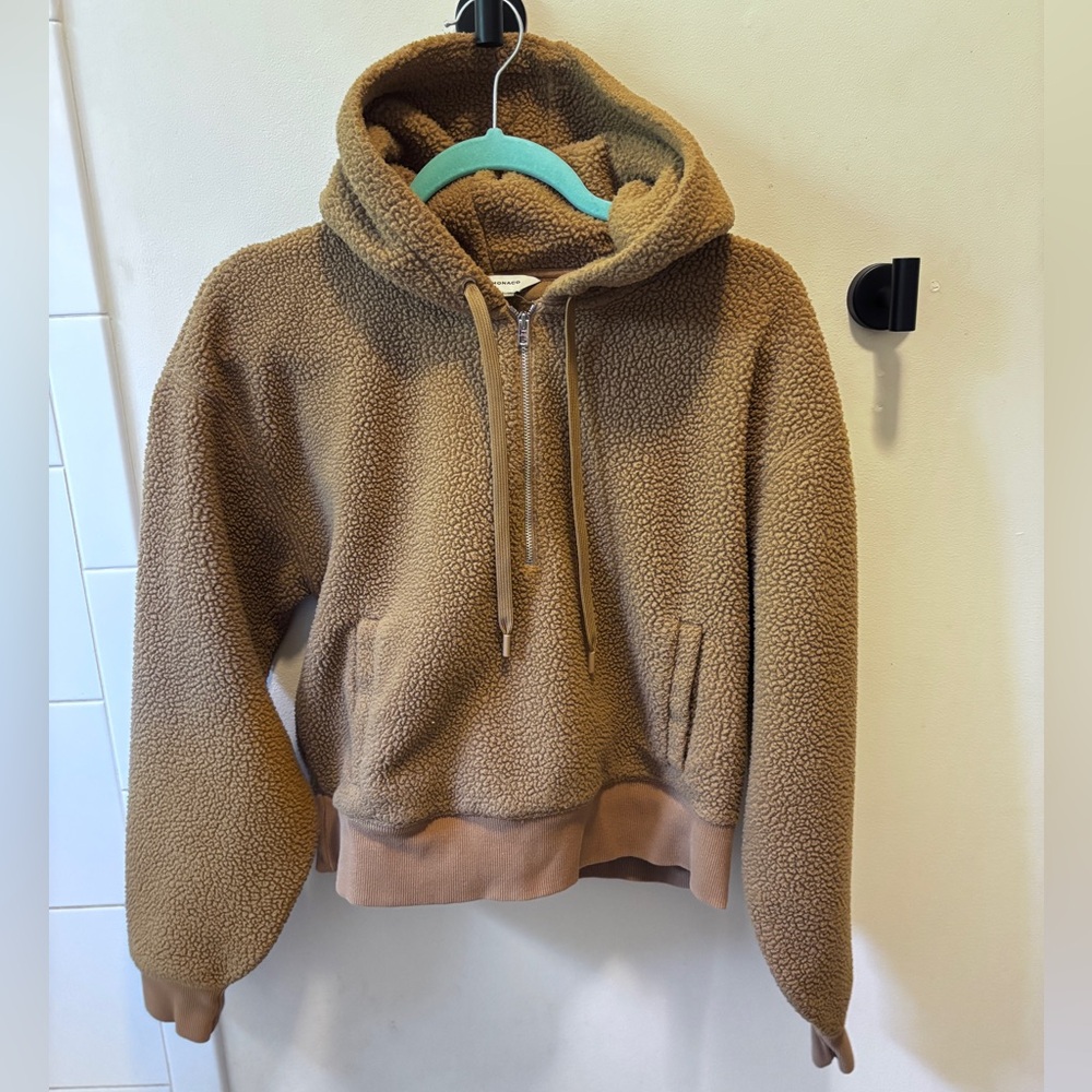CLUB MÓNACO Sherpa hoodie 3/4 zip fleece cropped sweatshirt brown tan small